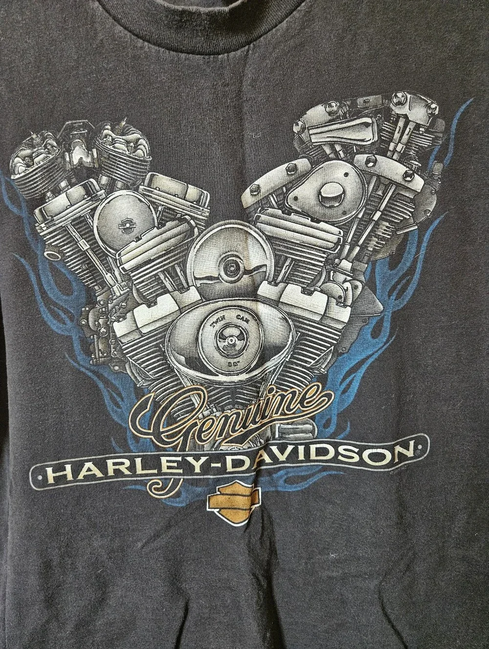 Vintage 2000 Harley-Davidson Black Tee, Blue Flame V-Twin Graphic. Large - Picture 3 of 5
